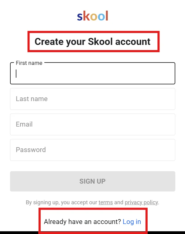 Create your Skool account form, with Log in at the bottom for people who already have an account