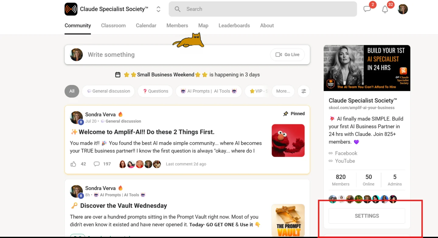 Settings in the community sidebar